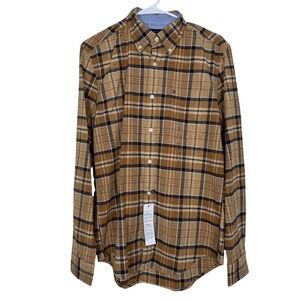 NWT Tommy Hilfiger Classic Fit Plaid Button Flannel Shirt Tan Navy Prep Grunge S